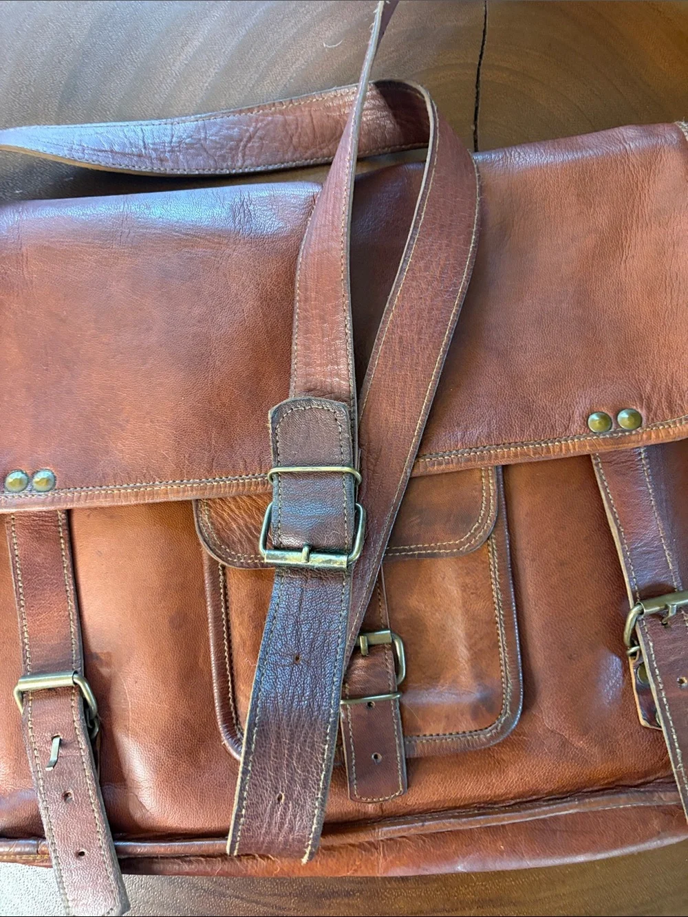 Vintage Brown Leather Satchel Messenger Bag Rustic Crossbody Large 15”